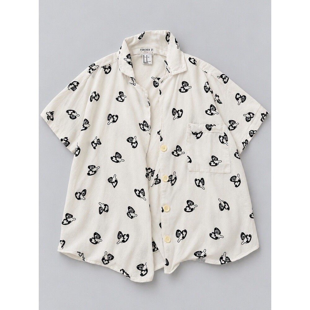 Forever 21 Contemporary Telephone Print Shirt Womens Medium Cream Button Front
